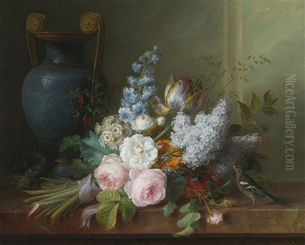 A Bouquet Of Flowers With A Bird's Nest Oil Painting by Cornelis van Spaendonck