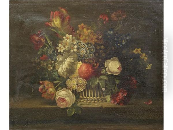 Roses, Narcissi, Primulae And Other Flowers In A Wicker Basket On A Table Top Oil Painting by Cornelis van Spaendonck