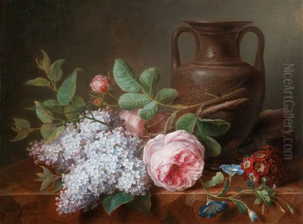 Ein Stillleben Aus Flieder, Rosen Und Veilchen Auf Einer Marmorplatte Oil Painting by Cornelis van Spaendonck