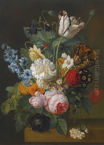 Still Life Of Flowers, Including Roses, Tulips And A Hyacinth, On A Ledge Oil Painting by Gerard Van Spaendonck