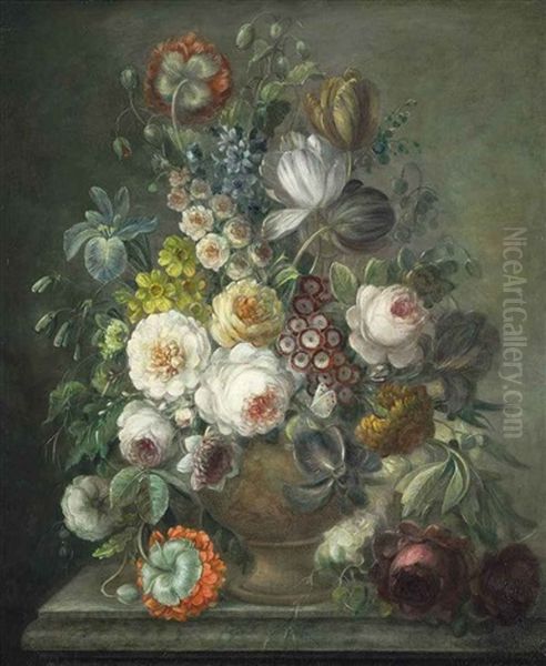 Cabbage Roses, Tulips, Narcissus, Auricula, Larkspur And Other Flowers In A Sculpted Urn On A Stone Ledge Oil Painting by Gerard Van Spaendonck