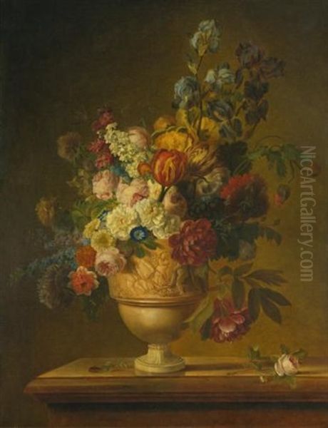 Flowers In A Basket On A Marble Ledge Oil Painting by Gerard Van Spaendonck