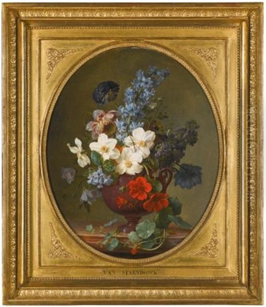 Still Life Of Roses, Hyacinth, Wallflower And Other Flowers In A Lapis Lazuli Vase; Still Life Of Narcissus, Hyacinth And Other Flowers In A Brown Porphyry Vase (pair) Oil Painting by Gerard Van Spaendonck