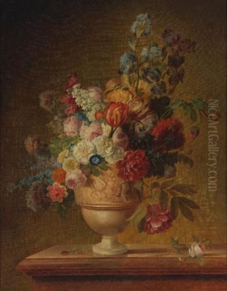 Flowers In A Basket On A Marble Ledge Oil Painting by Gerard Van Spaendonck