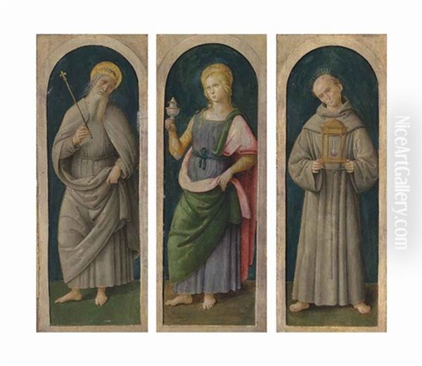 Three Pilasters From A Polyptych: Saint Louis Ix; Saint Mary Magdalene; And The Blessed Giacomo Della Marca Oil Painting by  Spagna (Giovanni lo Spagnolo)