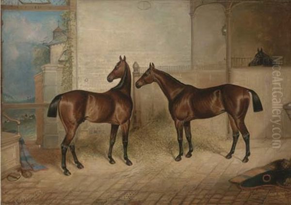 Bay Hunters In A Stable, Alerted By The Hunt Oil Painting by Charles Bilger Spalding