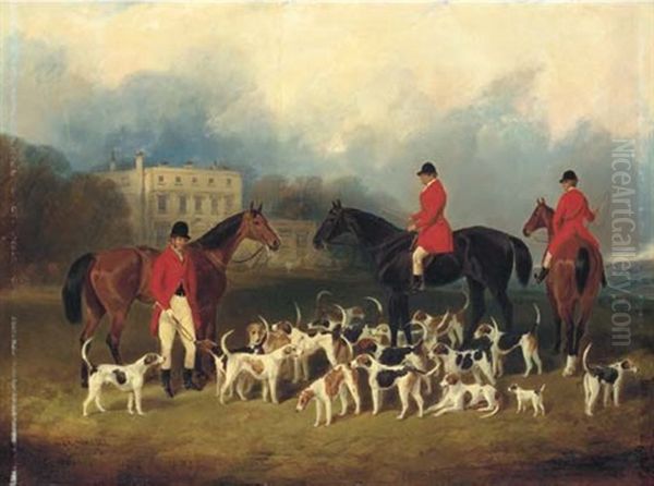 Portrait Of Augustus Cranley Onslow, Master Of The Hampshire Hunt Hounds, N. Cox, Huntsman And George Cox., Whipper In, With Horses And Hounds, Upton House Beyond Oil Painting by Charles Bilger Spalding