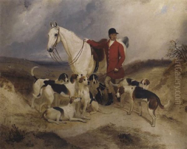 Dick Burton, Master Of The Tedworth Hunt, With His Hunter And Hounds, In An Extensive Landscape Oil Painting by Charles Bilger Spalding