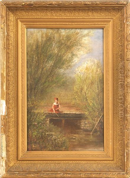 Landscape Depicting A Young Girl Fishing From A Stone Bridge Oil Painting by Frederick A. Spang