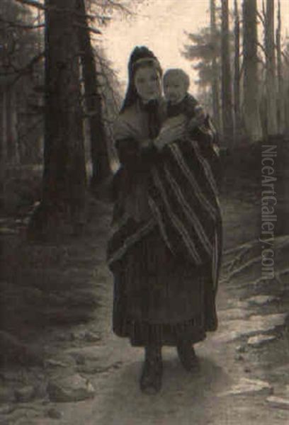 Mother And Child On A Wooded Path Oil Painting by Gustav Adolf Spangenberg