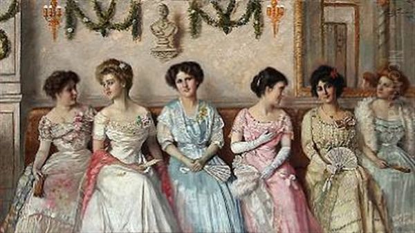 Ladies To A Dance Ball, On The Wall A Bust Of Emperor Wilhelm Ii Germany Oil Painting by Paul Spangenberg