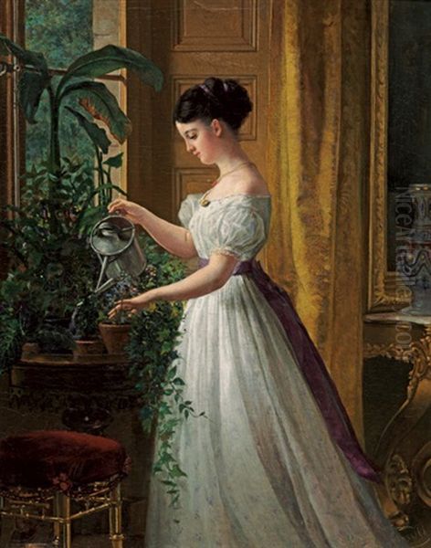 Elegante Junge Frau Im Weisen Chiffonkleid Beim Blumengiesen Oil Painting by Paul Spangenberg