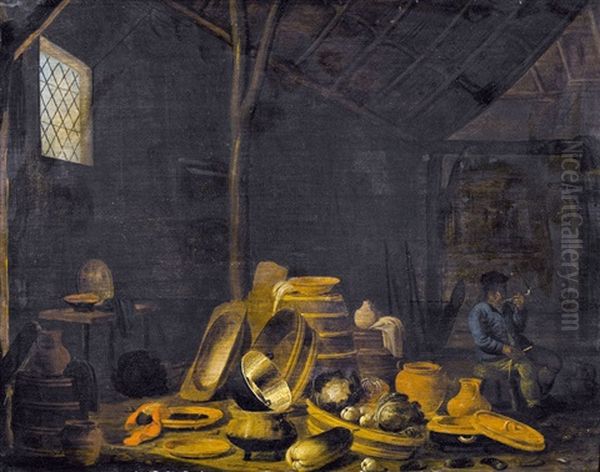 Scheuneninterieur Mit Geratschaften Und Pfeifenraucher Oil Painting by Jan Spanjaert