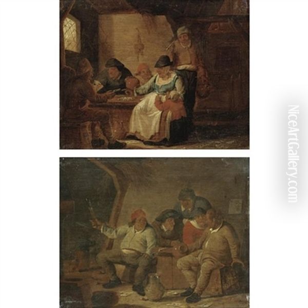 A Tavern Interior With Peasants Drinking (+ A Tavern Interior With Peasants Smoking Drinking And Playing Cards; Pair) Oil Painting by Jan Spanjaert