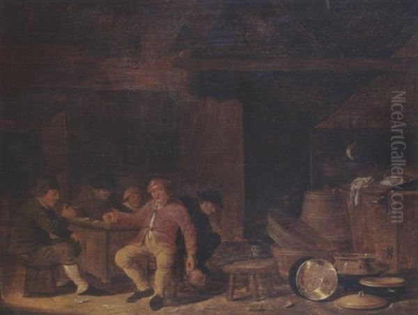 Peasants Smoking And Drinking In An Inn, With A Still Life Kitchen Utensils And A Cat Oil Painting by Jan Spanjaert