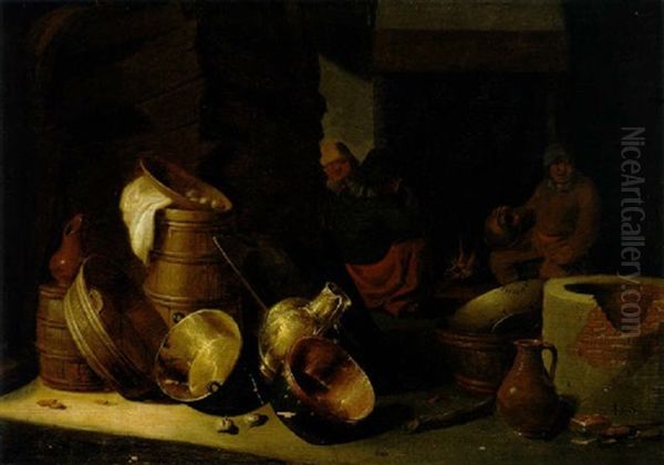 Bauern In Einer Scheune Vor Dem Kamin, Im Vordergrund Ein Prachtiges Stilleben Von Kupfer- Und Messinggeschirr Sowie Fassern Oil Painting by Jan Spanjaert