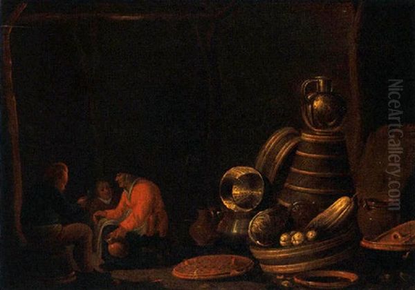 A Barn Interior With Peasants Seated And A Still Life Of Kitchen Utensils On The Right Oil Painting by Jan Spanjaert