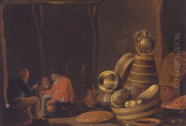 A Barn Interior With Peasants Drinking And Smoking Beside A Collection Of Kitchen Utensils Oil Painting by Jan Spanjaert