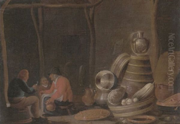 A Barn Interior With Peasants Drinking And Smoking Beside A Collection Of Kitchen Utensils by Jan Spanjaert