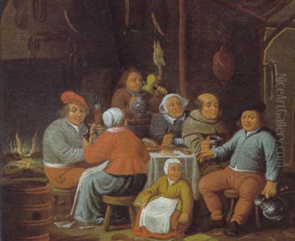 Die Fette Kuche: Ein Monch Und Bauern Beim Landlichen Mahl In Einem Wirsthaus Oil Painting by Jan Spanjaert