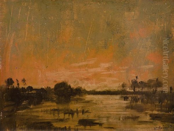 Uferlandschaft Im Abendrot Oil Painting by Bela Von Spanyi