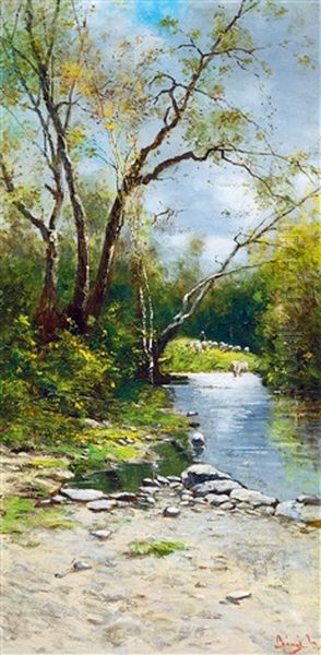 Sheep Grazing On The Riverbank Oil Painting by Bela Von Spanyi