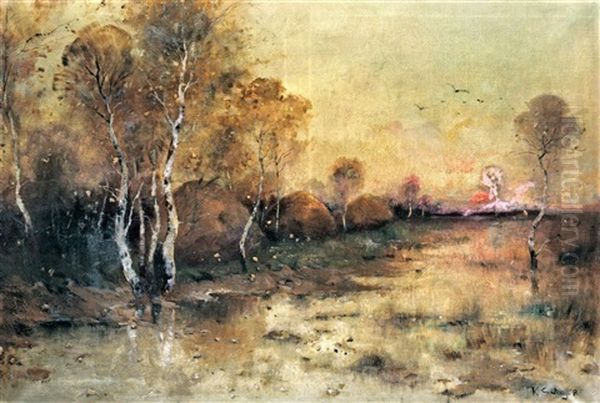 Marshy Landscape Oil Painting by Bela Von Spanyi