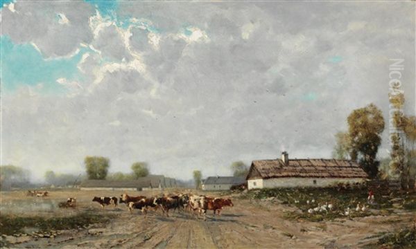 Dorflandschaft Mit Kuhen Oil Painting by Bela Von Spanyi