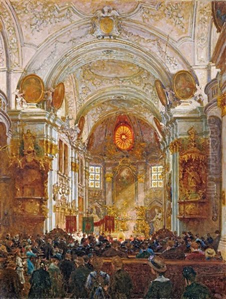 Church Interior Oil Painting by Kornel Spanyik