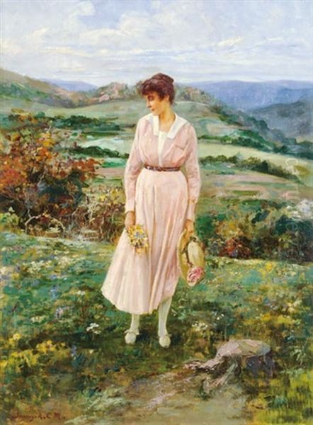 Lady In Floral Meadow Oil Painting by Kornel Spanyik