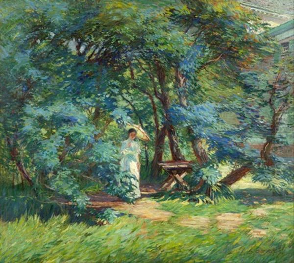 Woman With Parasol In A Garden Oil Painting by Arthur Watson Sparks