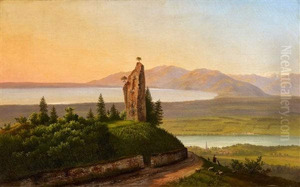 Ruined Castle At Twilight By Lake Constance Oil Painting by Karl Christian Sparmann