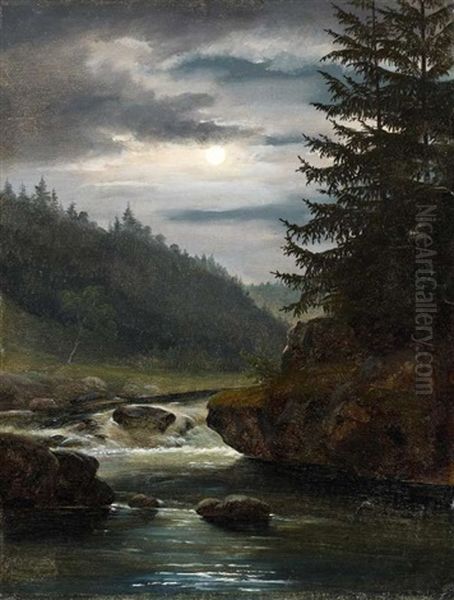 Waldbach Im Mondschein Oil Painting by Karl Christian Sparmann