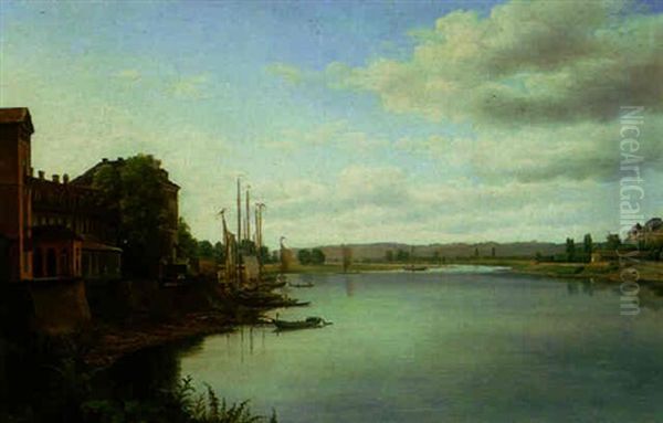 A Riverside Scene Oil Painting by Karl Christian Sparmann