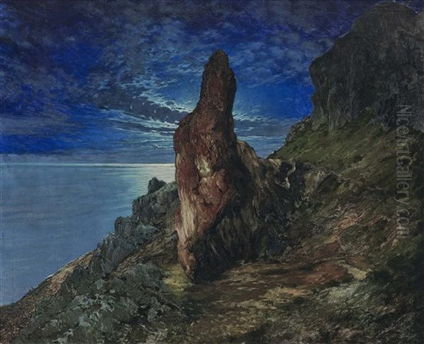 Rocky Coast In The Moonlight Oil Painting by Paul von Spaun