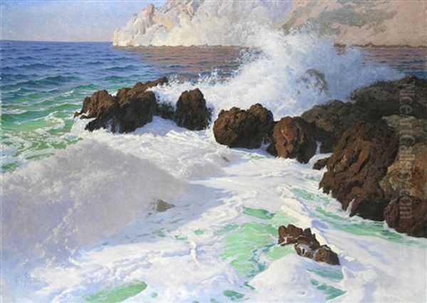 Waves Crashing On The Capri Coast Oil Painting by Paul von Spaun