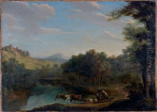 Bergere Et Son Troupeau Traversant La Riviere Oil Painting by Nicolas Spayemant