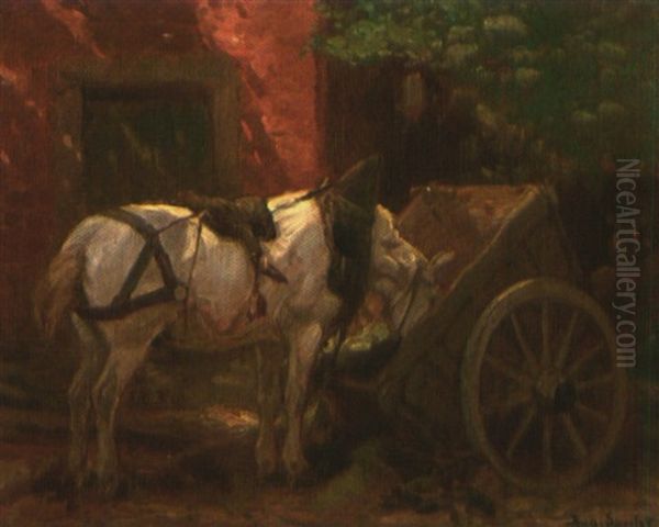 Schimmel Mit Zaumzeug Frisst Aus Dem Gemusewagen Oil Painting by August Specht