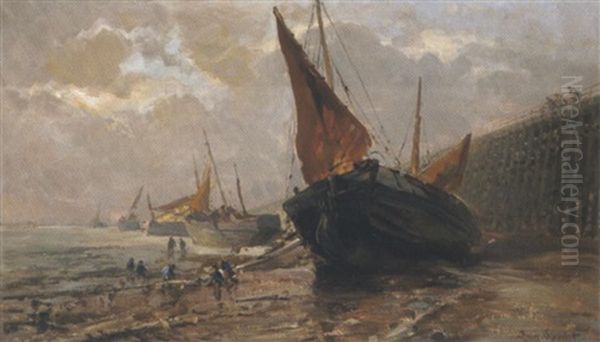 Fischerboote Bei Ebbe An Der Mole Oil Painting by August Specht