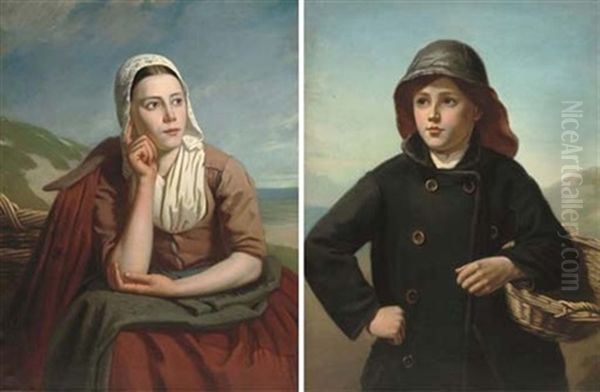 A Young Fisher Couple (pair) Oil Painting by Jacoba van der Speck Obreen