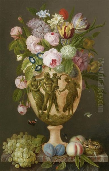 Roses, Tulips, Morning Glory And Other Flowers In A Vase On A Stone Ledge With Fruit And A Bird Nest Oil Painting by Michel Joseph Speeckaert