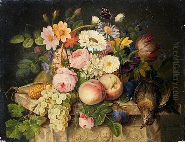 Nature Morte De Fruits, Fleurs Avec Une Merlette Sur Un Entablement Sculpte by Michel Joseph Speeckaert