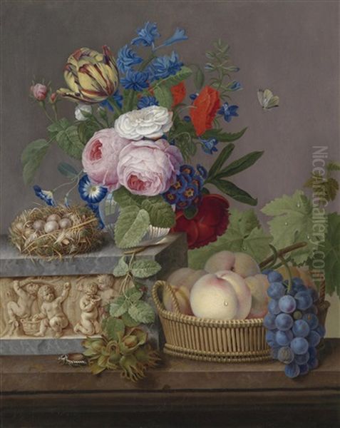 Ein Blumen- Und Fruchtestillleben Mit Einem Vogelnest Oil Painting by Michel Joseph Speeckaert