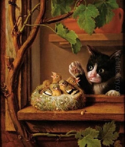 Chat Devant Un Nid D'oiseau Oil Painting by Michel Joseph Speeckaert