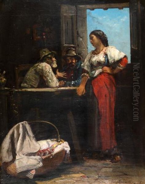 Woman And Two Men At The Tavern Oil Painting by Edouard J. Emile Brandon