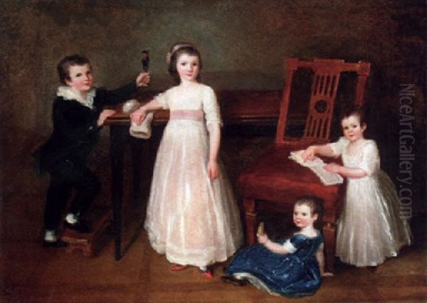 Group Portrait Of The Bondely Children Albert, Justine, Sophie And Emilie Oil Painting by Alexander Speisegger