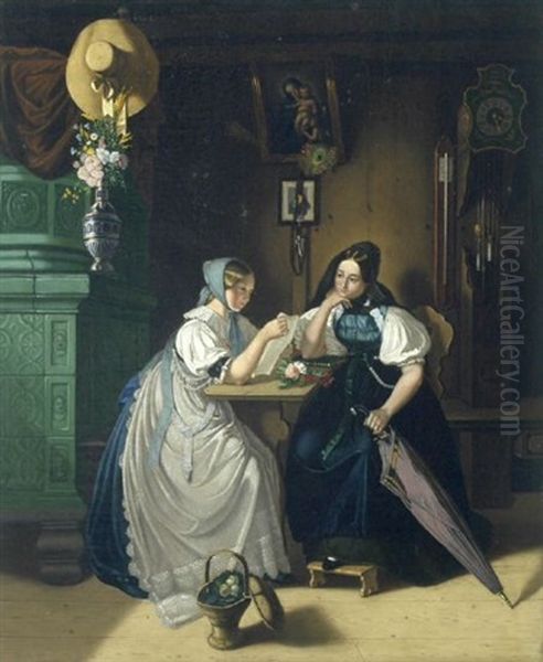 Zwei Dirndl Sitzen Einen Brief Lesend In Der Stube Oil Painting by Franz Borgias Speiser