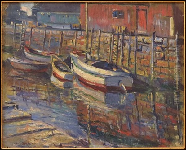 Docked Boats At Sunset Oil Painting by John Adams Spelman