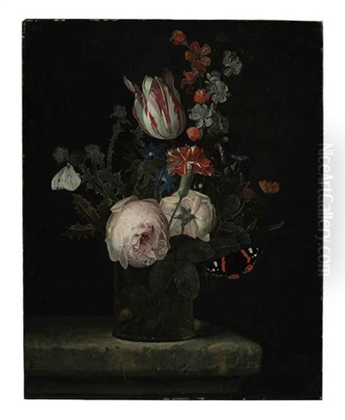 Flowers In A Glass Vase On A Marble Ledge With Two Butterflies Oil Painting by Adriaen Van Der Spelt