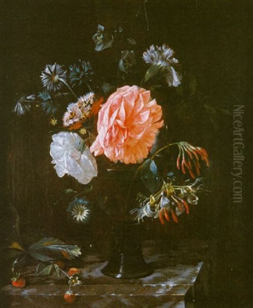 Vase De Fleurs Pose Sur Un Entablement Orne De Fraises Oil Painting by Adriaen Van Der Spelt